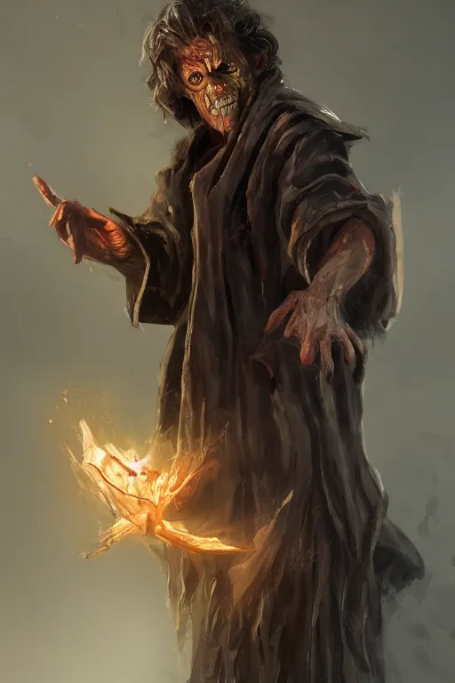 Image similar to A deranged tiny filthy halfling looking like Willem Dafoe wearing long dark damaged ripped robes showing a magic paper scroll, camera looking down upon, long fingernails, unclipped fingernails, sharp fingernails, focus on face, sharp focus, digital painting, trending on artstation, concept art, fantasy, medieval