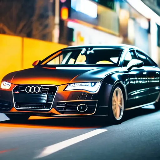 Prompt: photo of a black elongated audi a 7 sportsback at night driving fast through a shibuya, cinematic, 4 k, long exposure photography, tokyo drift, fast and furious, kodak portra 4 0 0