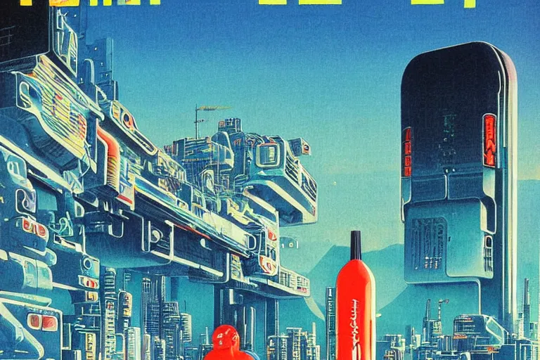 Image similar to 1979 OMNI Magazine Cover of a crystal Pepsi. In the background neo-Tokyo seawall. in cyberpunk style by Vincent Di Fate
