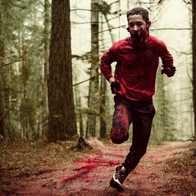 Prompt: photo of shia labeouf sprinting through the woods with dark red liquid all over his face, dramatic, cinematic, cinestill 8 0 0 t, motion blur