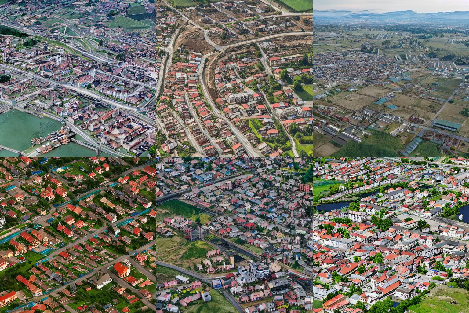 Prompt: realistic photo of a town from above, settlement, buildings, detailed scenery —width 672