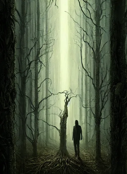 Image similar to highly detailed horror movie poster with angry creepy keanu reeves as a tree, keanu reeves faces in the bark of many trees sentient leafy catastrophe by greg rutkowski, masterpiece, really funny, 1 0 / 1 0 creepy