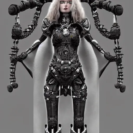 Image similar to a mechanized version of a norse woman, facial piercings, very symmetrical, furry warrior's bone clothing, highly detailed, by vitaly bulgarov, joss nizzi, ben procter, steve jung, concept art, concept art world, pinterest, artstation, unreal engine