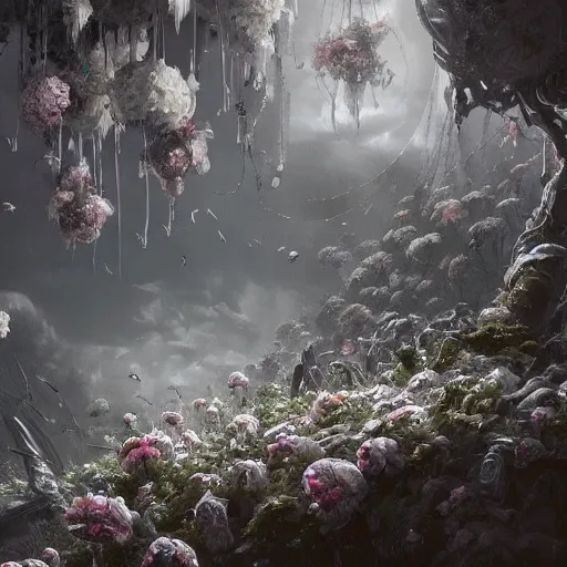 Prompt: intricate white bio - mechanical flowers, intricate environment, matte painting, cinematic, epic composition, highly detailed, atmospheric, wide angle, artstation trending