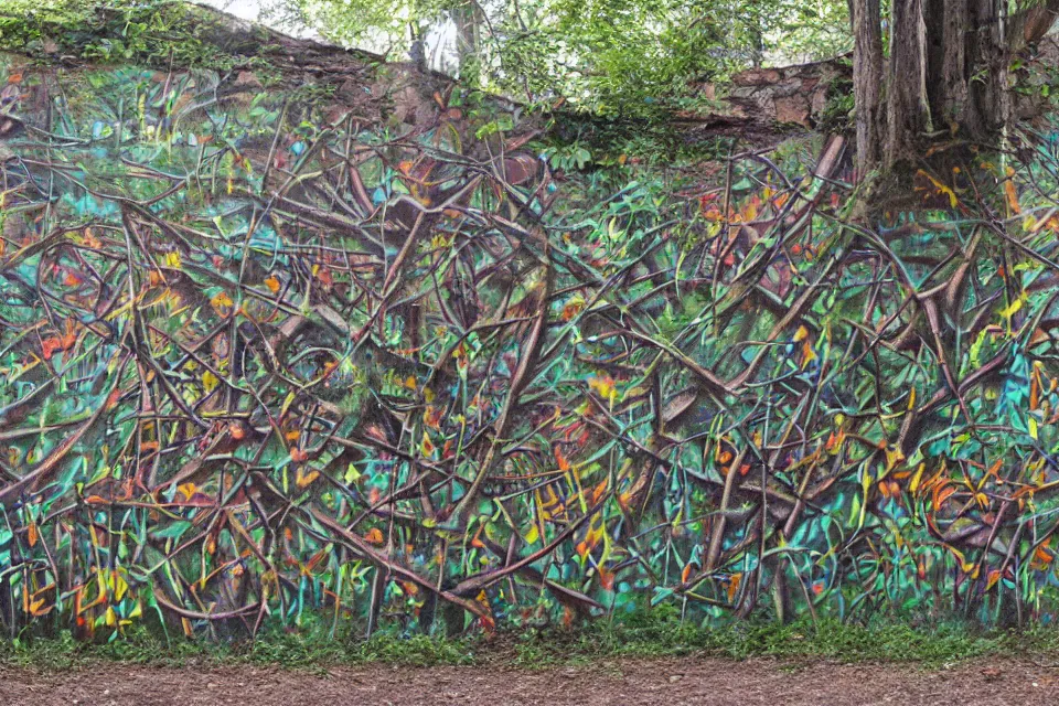 Image similar to graffiti of a forest on a wall, by birdo, alex maksiov and john pugh, anamorphic, surreal