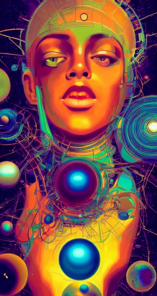 Prompt: art deco close up portait of head surrounded by spheres, like a dream digital painting cinematic dramatic fluid lines otherworldly vaporwave interesting details rule of thirds epic composition by artgerm basquiat