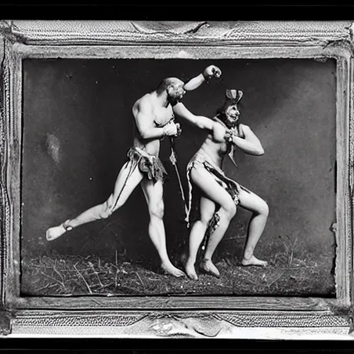 Image similar to amazonian warrior woman fistfighting spartan man, brutal fight, mixed - gender fight, fighting pit, sparta, daguerreotype photograph