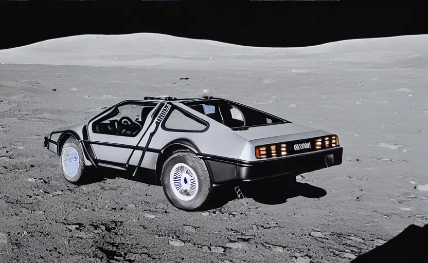 Image similar to a dreamy retro 8 0 s photo of a delorean on the moon, bloomy