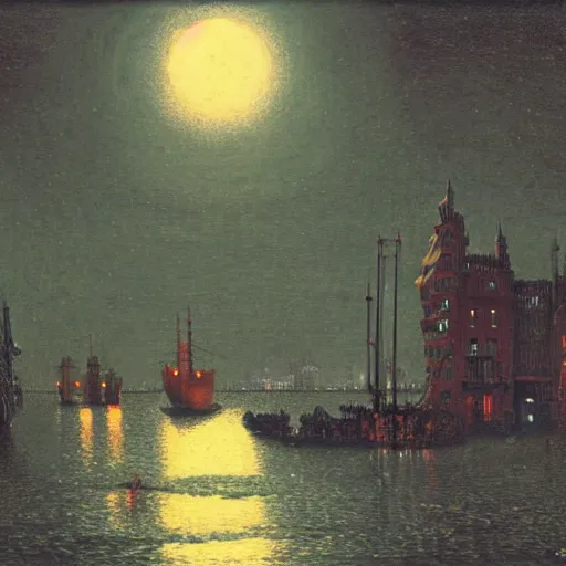 Image similar to A moonlit harbour being attacked by a giant Martian tripod in the style of John Atkinson Grimshaw