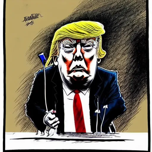 Prompt: : trump looking sad, political cartoon, style of Ralph Steadman