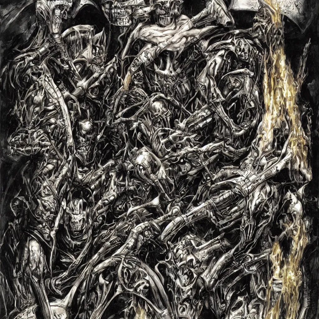 Image similar to judge death by simon bisley and h.r. giger