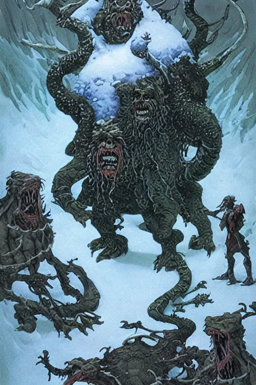 Image similar to lllustration by Michael Whelan of The Gelatinous cube Maven Fenbert the Terror, master of Ice, and their cruel gathering of slithering trackers and sickening black puddings.