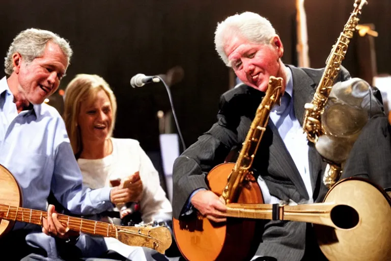 Image similar to george w bush playing banjo, bill clinton playing saxophone on stage