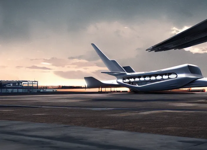 Prompt: futuristic jet plane arrives at runway of cyberpunk airport,cinematic lighting, concept art