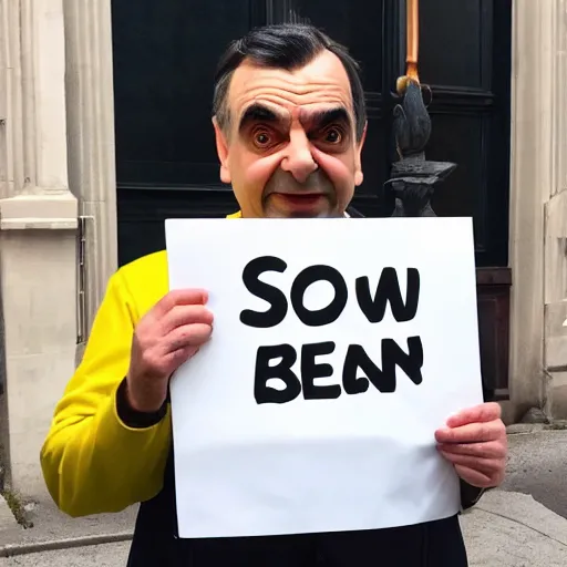 Image similar to photo of Mr. Bean holding a sign saying soon