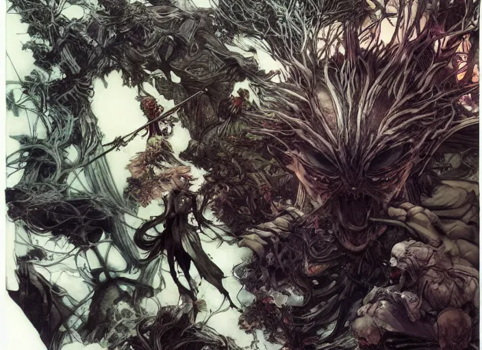 Prompt: my bed is a forest with a giant cthulhuin night and giant eyes dark color by, yoji shinkawa, yoshitaka amano, tsutomu niehi, moebius, donato giancola, trending on artstation, featured on pixiv, cinematic composition