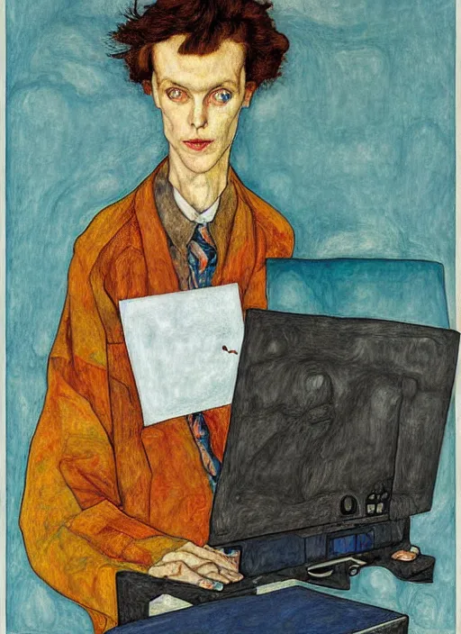 Image similar to creative coder with a computer, by egon schiele and quint buchholz, portrait, colorful, escher, detail