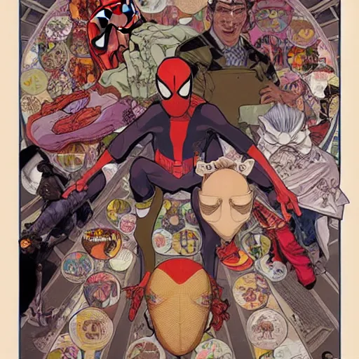 Image similar to anime manga SPIDERMAN illustration hyperrealistic art Geof Darrow and will cotton alphonse mucha pop art nouveau