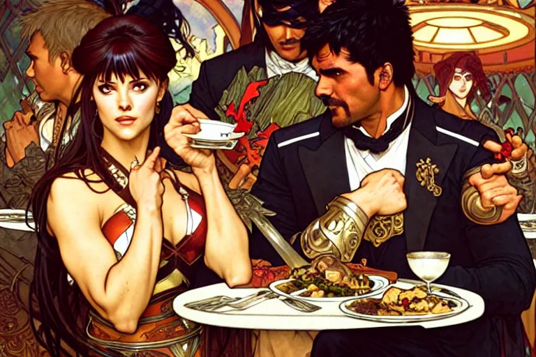 Image similar to xena warrior princess eating at a restaurant, with a hispanic man in a suit as her companion, art by artgerm and greg rutkowski and alphonse mucha