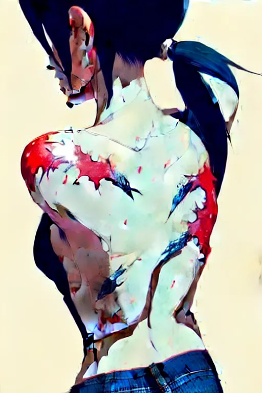 Image similar to a ultradetailed beautiful back painting of a stylish woman with white hair in a short pony tail, she is wearing jeans, by conrad roset, greg rutkowski and makoto shinkai trending on artstation