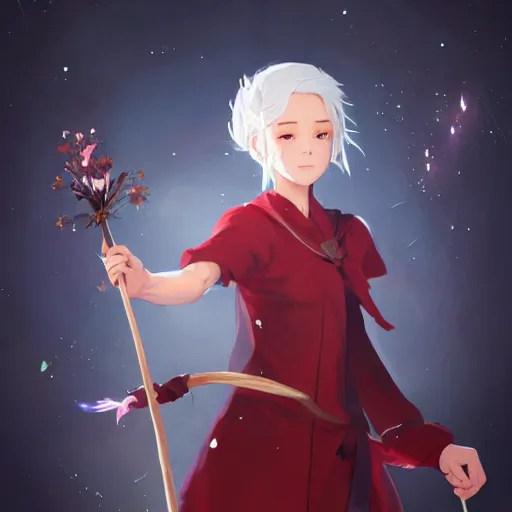 Image similar to full body portrait of a girl sorcerer with white hair in a hairbun, she is wearing a red scarf. she is holding a large natural wood wand with leaves on it and a crystal at the top. cgsociety masterpiece, artstation trending, by rossdraws, ghibli, kimi no na wa, greg rutkowski, simon stalberg, greg manchess