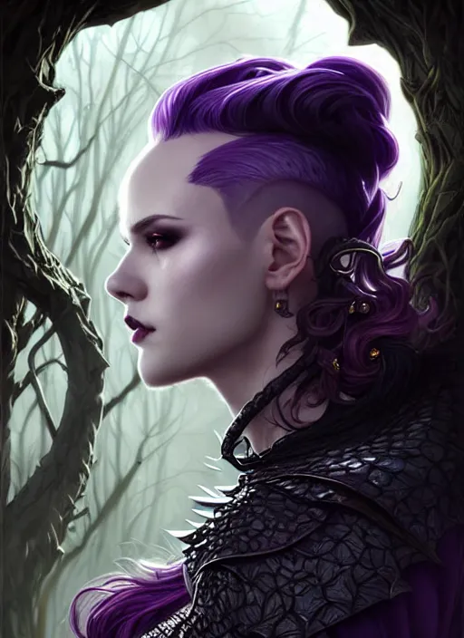 Image similar to side portrait dark witch, adventurer outfit large cloak, fantasy forest landscape, dragon scales, fantasy magic, undercut hairstyle, short purple black fade hair, dark light night, intricate, elegant, sharp focus, illustration, highly detailed, digital painting, concept art, matte, art by WLOP and Artgerm and Greg Rutkowski and Alphonse Mucha, masterpiece