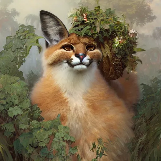 Prompt: concept art, a cute fluffy caracal, laurel wreath on his head, 8 k, alphonse mucha, james gurney, greg rutkowski, john howe, artstation