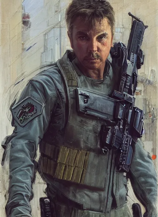 Image similar to Don Johnson. cyberpunk USN marine wearing a military vest and combat gear. (Cyberpunk 2077, bladerunner 2049, rb6s). Squarish face. Iranian orientalist portrait by john william waterhouse and Edwin Longsden Long and Theodore Ralli and Nasreddine Dinet, oil on canvas. Cinematic, hyper realism, realistic proportions, dramatic lighting, high detail 4k