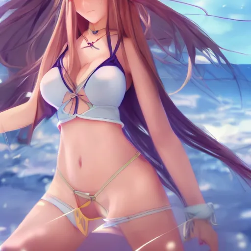 Image similar to a very beautiful yuuki asuna, full body, long wavy blond hair, sky blue eyes, full round face, bikini, miniskirt, front view, mid - shot, cute pose, highly detailed, cinematic wallpaper by stanley artgerm lau