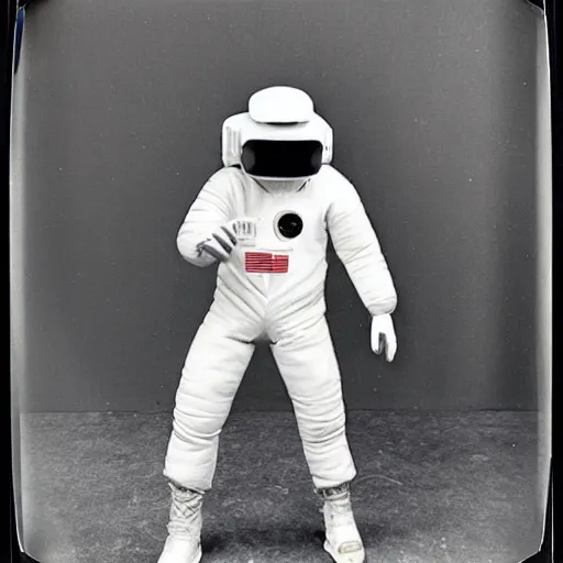 Image similar to A photo of 1980s VR spacesuit designed by US Army, scary athmosphere, dark, single vague light, Polaroid photo found in the attic