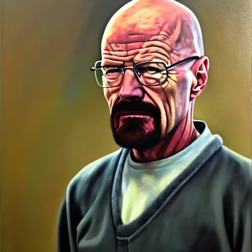 Image similar to Walter White seething with rage, angry, ticked off, mad, oil painting