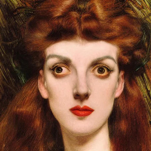 Image similar to portrait of a hybrid of judy garland and lady gaga with marfan syndrome, downward slanting eyes, with a brown fringe, holman hunt, john william waterhouse, kilian eng, rosetti, john everett millais, william holman hunt, 4 k