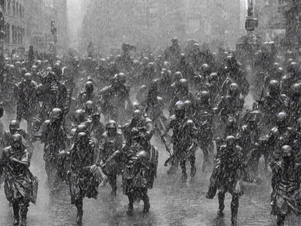 Image similar to column of roman soldiers in rain attacking in New York city