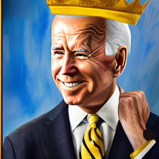 Image similar to a potrait of joe biden, he is wearing a golden crown, he is wearing a blue outfit with yellow stars across it, hyper realistic painting, high detail, thick brush strokes, visible paint layers.