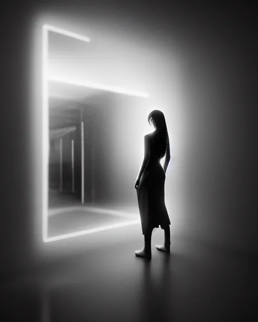 Image similar to black and white high quality photo of a beautiful futuristic female human-AI-queen looking into a sci-fi mirror:: volumetric lighting, liminal space, brutalism, foggy, dreamy, hyperdetailed, bokeh, photorealistic, cinematic, masterpiece, Metropolis, elegant, dark, octane render, 8K, photograph taking in 1910