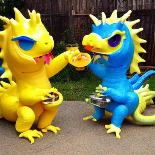 Prompt: a yellow dragon and a silliest dragon with pretty big toes and belly buttons shaped like a rotary phone
