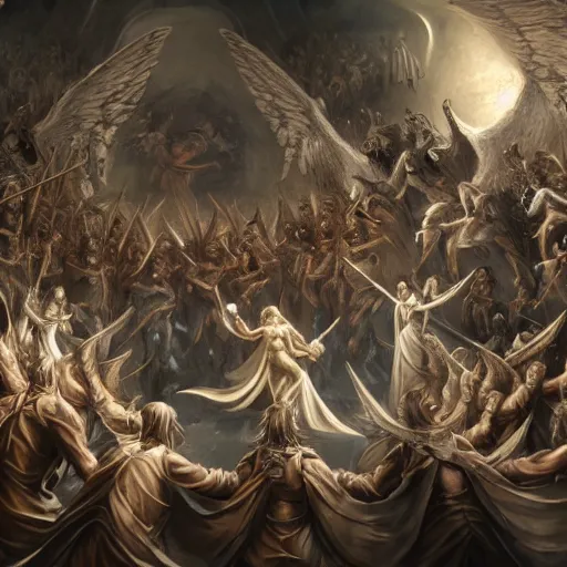 Prompt: concept art of angel lucifer gathering an army of angels for a rebelion in a celestial courtroom, dark fantasy, sistine chapel vault style, artstation trending, octane render, realistic, dark ambient light