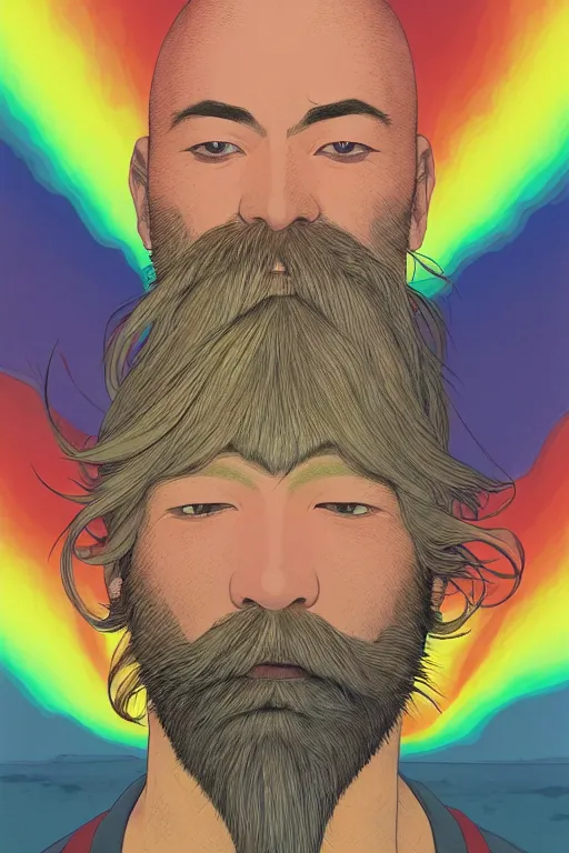 Image similar to a colorful closeup portrait of a handsome young bald man with a very long wild beard dreaming psychedelic hallucinations in the vast icy landscape of antarctica, by kawase hasui, moebius and edward hopper, colorful flat surreal design, hd, 8 k, artstation