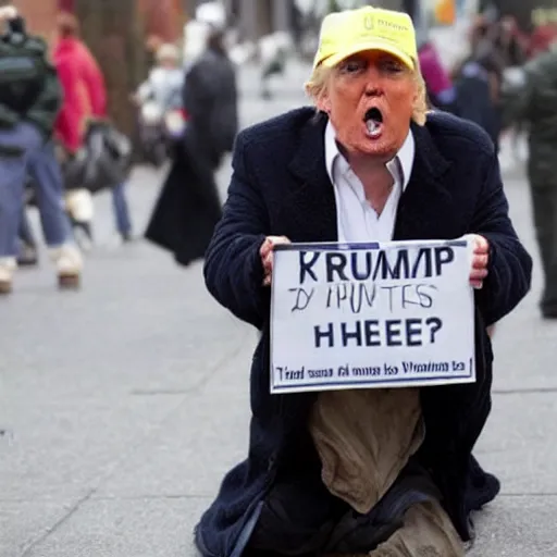 Image similar to donald trump dressed as a homeless man asking for money on the streets, detailed face