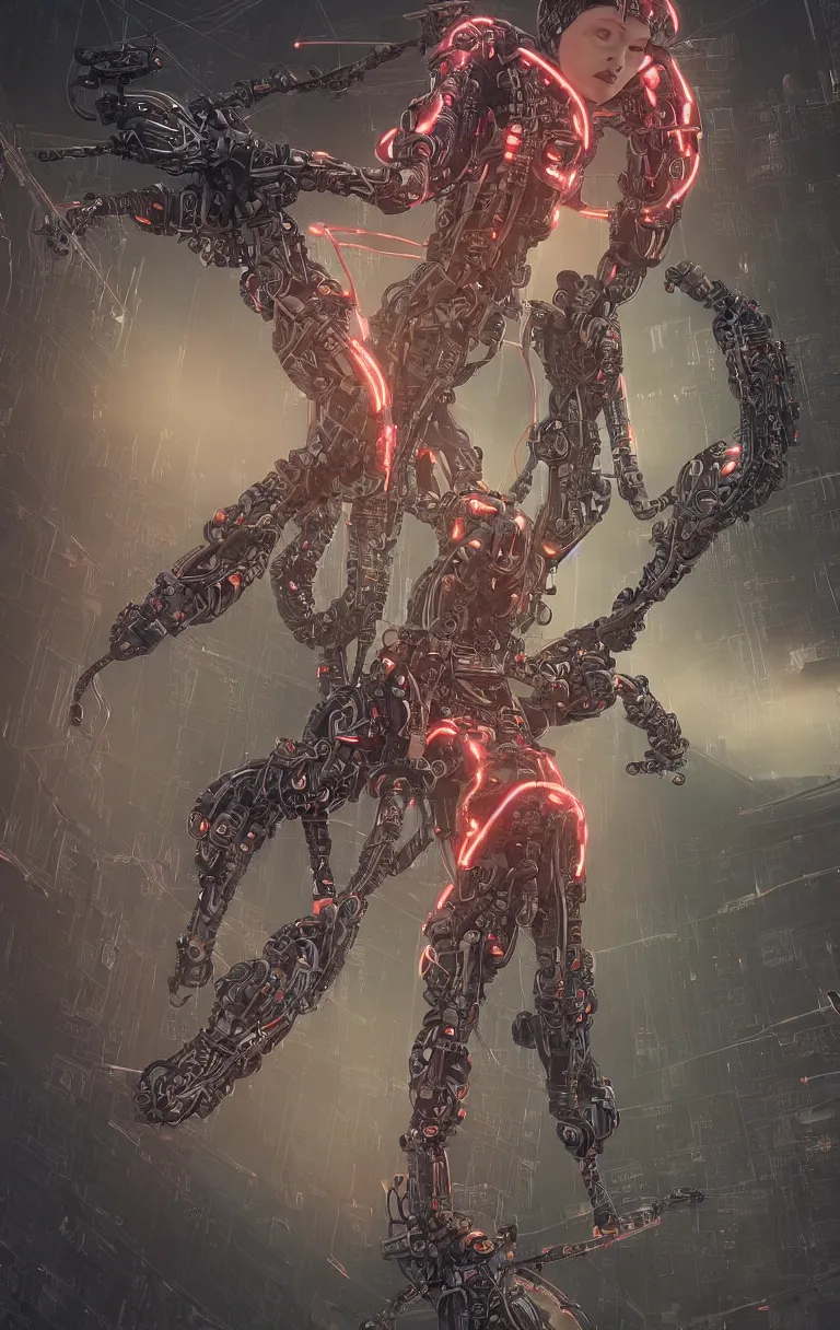 Image similar to award winning portrait of a crucified gargantuan female biomorphic cyborg goddess queen in the style of death stranding, neon genesis evangelion, with intricate energy core connecting to a futuristic downtown city, mightnight by artgerm, jean moebius giraud, yoshitaka amano, beeple, greg rutkowski. octane render.