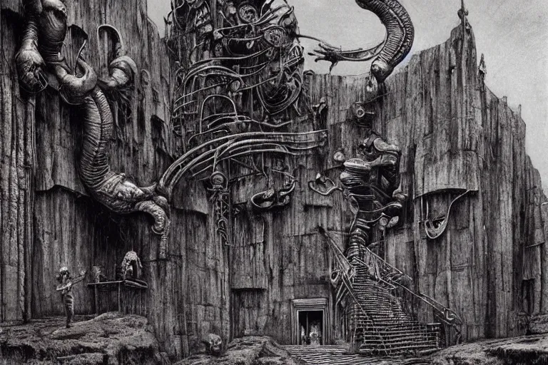 Prompt: salusa cecundus prison planet house corrino homeworld, by giger, dore, beksinski, retro sci - fi movie, highly detailed, photorealistic, 1 9 0 0 s photo