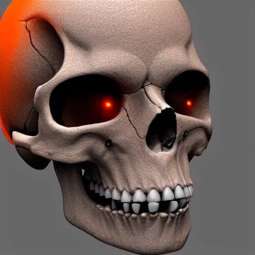 Image similar to real human skull with robotic circular orange light electronic eyes in eye sockets, unreal engine, artstation, render