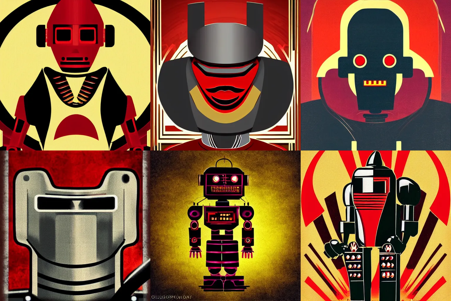 Prompt: evil robot, red and gold, art deco noir style