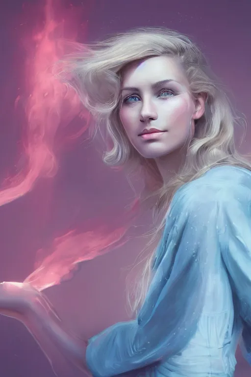 Image similar to an insanely detailed close up portrait of a beautiful blonde haired woman, blue dress, holding nikon camera, background is a fountain in the park, in the style of peter mohrbacher, artgerm, dramatic lighting and composition, pink fog background, octane render, trending on artstation, concept art 8 k