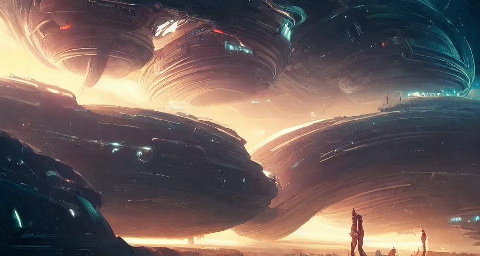 Prompt: Retro futuristic Sci-Fi space scene by Ridley Scott and Greg Rutkowski, Giant spaceship, nebulas swirls, intricate details, geometrics, Fibonacci