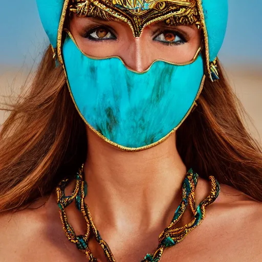 Image similar to An editorial up close macro photo portrait 105mm f2.8 in of a Versace woman model with a Turquoise ornate reflective helmet mask and scarf standing in sand dunes the style of highly detailed David Lachapelle