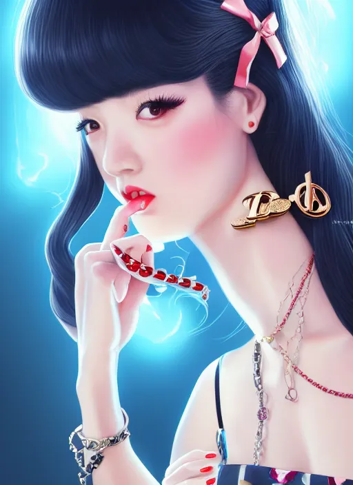 Image similar to a pin up and beautiful fashion dreamlke japan girl with lv jewelry, character art, art by artgerm, wlop, loish, hyperdetailed, 8 k realistic, symmetrical, global illumination, radiant light, frostbite 3 engine, cryengine, dof, trending on artstation, digital art, chanel, dior, detailed background