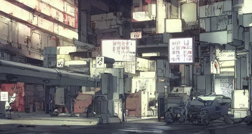 Image similar to Scene within the location called 'Public security section 9'. interior environment bg. Screenshot from an episode of the anime 'Ghost in the shell: Stand Alone Complex' (2003). Produced by 'Production I.G'. Original manga by Masamune Shirow. Art direction by Kazuki Higashiji and Yuusuke Takeda.