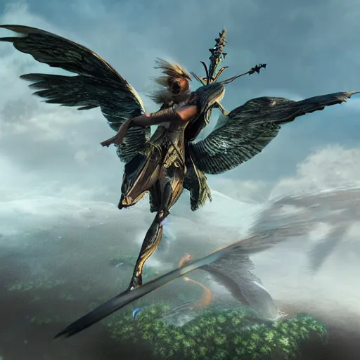 Image similar to hyperrealistic render of a winged male fantasy warrior flying through a magical world