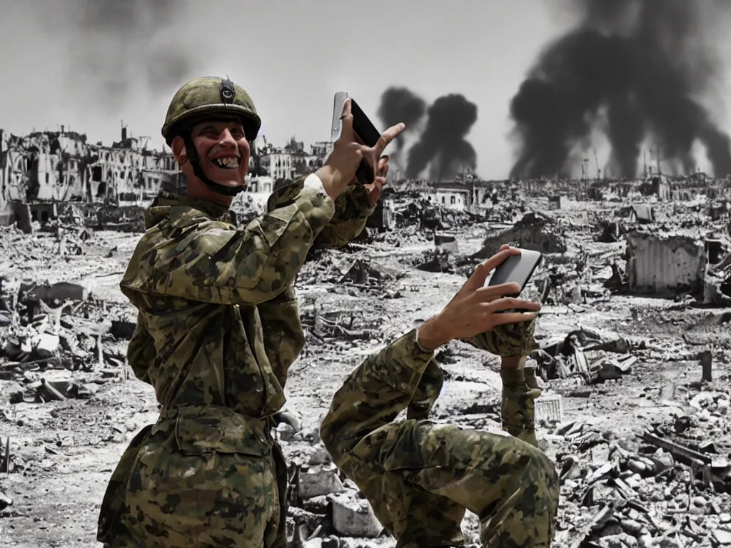 Image similar to a hysterical smiling soldier taking selfies, posing in front of bombed city, explosions in the background, close ups, war scenery, surrealism aesthetic, 9 0 s tv, noise